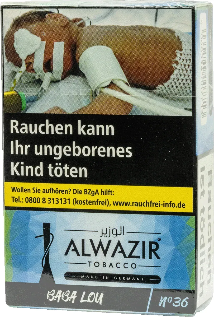 Wasserpfeifentabak Alwazir Baba Lou No. 36 Packung stehend von vorne