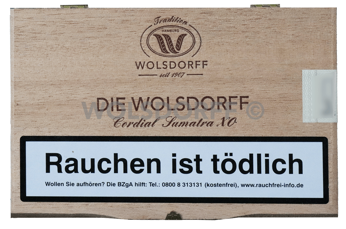 Die WOLSDORFF Cordial Sumatra - Kiste vorne geschlossen